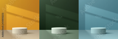 Set of blue, dark green, yellow 3D background with white cylinder pedestal podium, Window lighting and shadow overlay. Vector abstract minimal wall scene mockup products display, Round stage showcase.