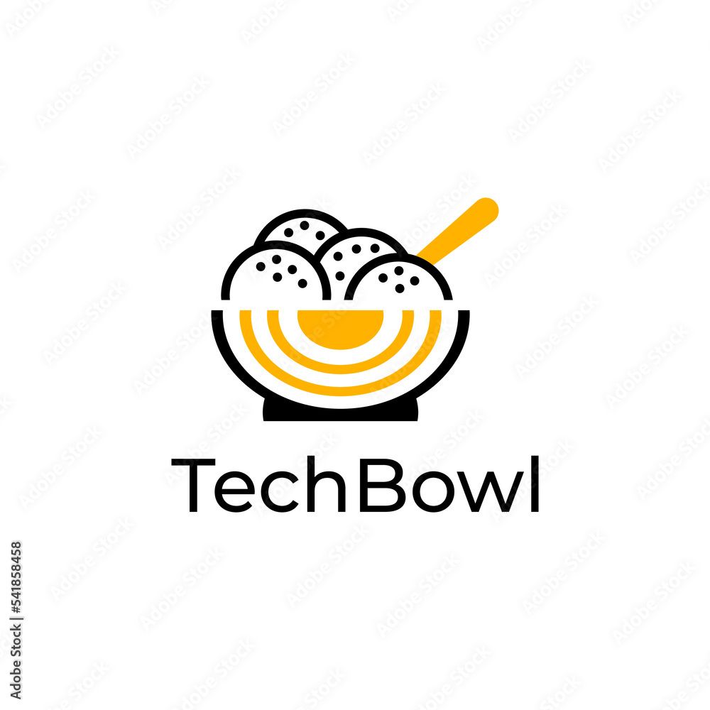 Illustration of bowl, spoon, lump of rice and wifi signal. Rice bowl