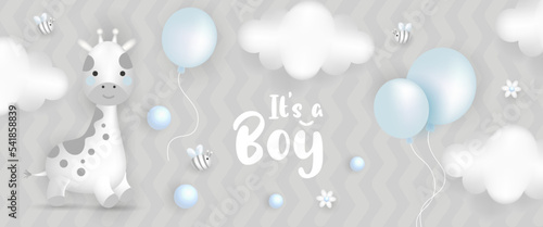 Baby shower horizontal banner with cartoon giraffe. Vector illustration.