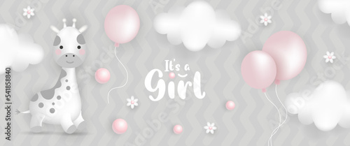 Baby shower horizontal banner with cartoon giraffe. Vector illustration.