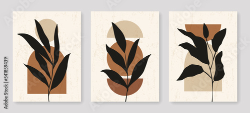 Botanical Wall Art Set Boho Style. Vector Wall Art with Leaves and Abstract Shapes. Abstract Floral Card Template for Printing, Wallpaper, Cover, Minimalist Design. 