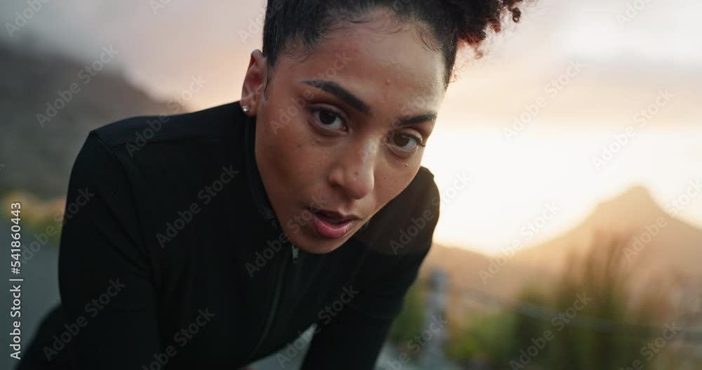 Fitness, breathing and tired with a sports woman or running feeling exhausted after exercise outdoor. Workout, training and health with a female athlete resting after a run for cardio or endurance Fitness, breathing and tired with a sports woman or running feeling exhausted after exercise outdoor. Workout, training and health with a female athlete resting after a run for cardio or endurance