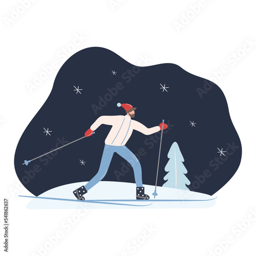 A man goes cross-country skiing in the woods