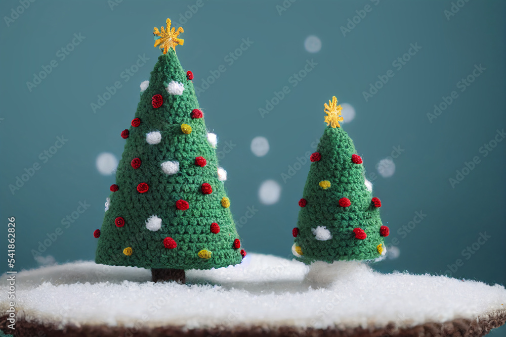 Obraz premium Cutest Christmas trees in forest with snow. Crochet style with wool