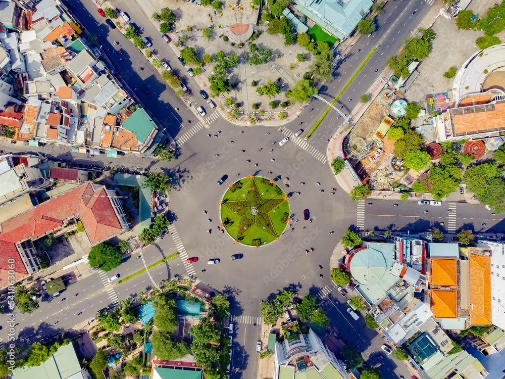 A crossroads in Vietnam. Taken by a drone from above in Nha Trang on a sunny day.