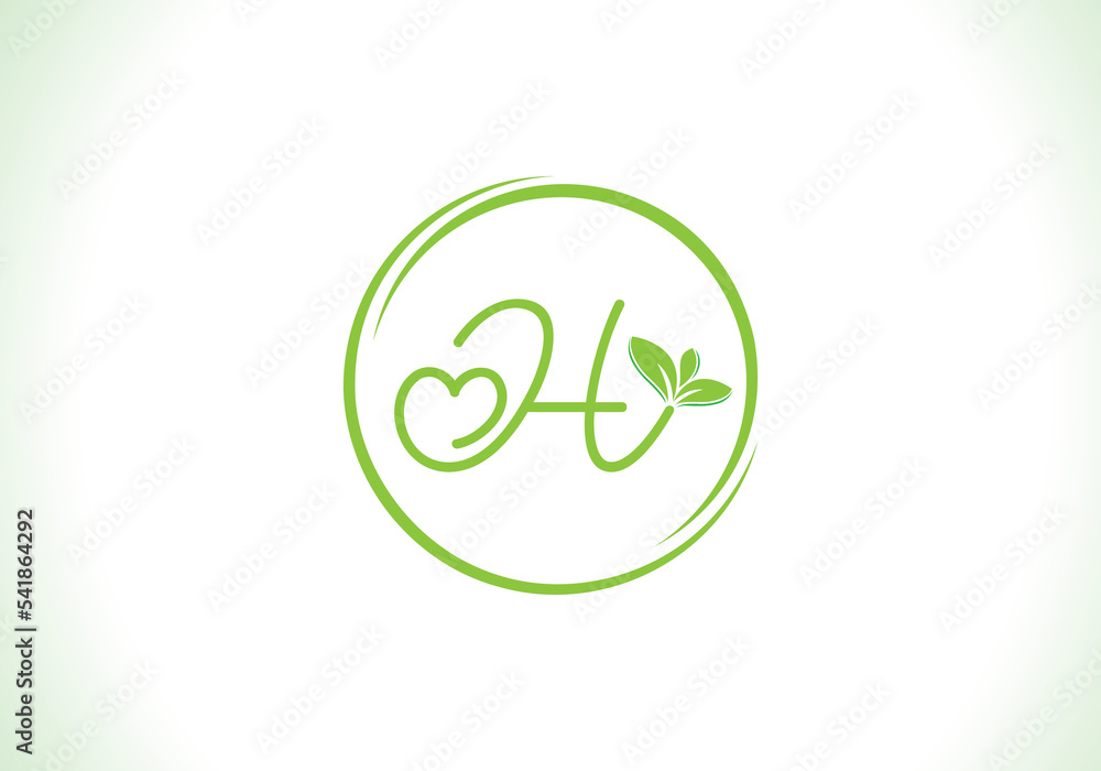 Love healthy and green nutrition leaf logo design with the letters. Green love leaf logo Love healthy and green nutrition leaf logo design with the letters. Green love leaf logo