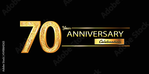 70 Year Anniversary celebration Vector Design. 70th Anniversary celebration. Gold Luxury Banner of 70th Anniversary celebration with glitter 3D. Vector anniversary