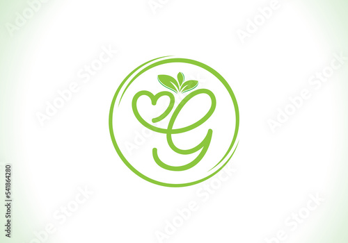 Love healthy and green nutrition leaf logo design with the letters. Green love leaf logo