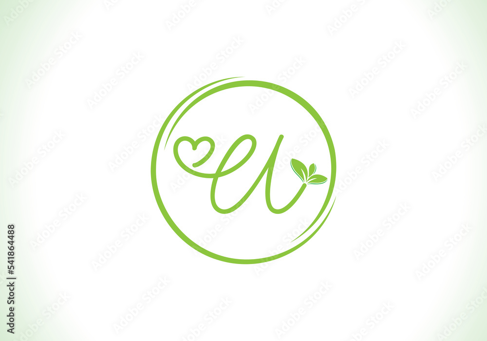 Love healthy and green nutrition leaf logo design with the letters. Green love leaf logo Love healthy and green nutrition leaf logo design with the letters. Green love leaf logo