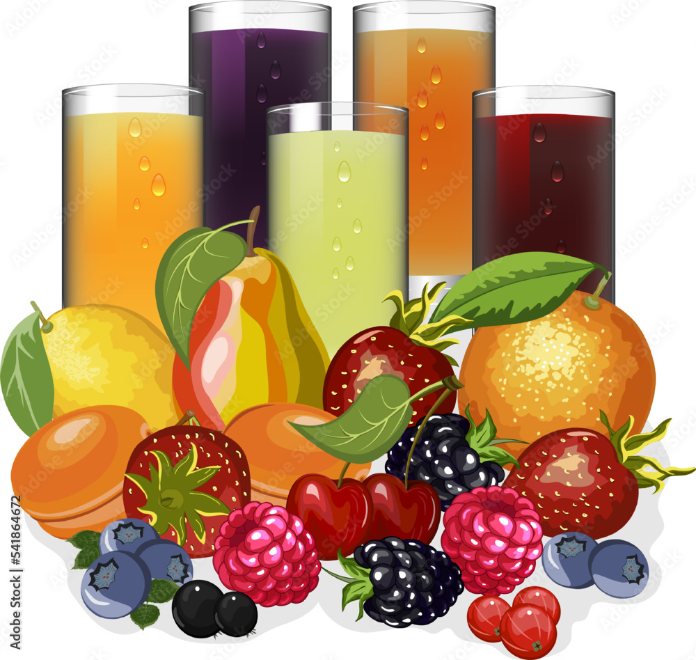Illustration with berries and juices.Vector illustration with a set of