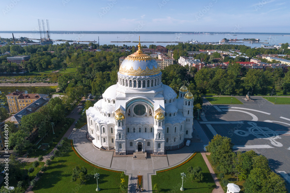 Ancient St. Nicholas Naval Cathedral in the cityscape on a sunny August day (aerial view). Kronstadt, Russia