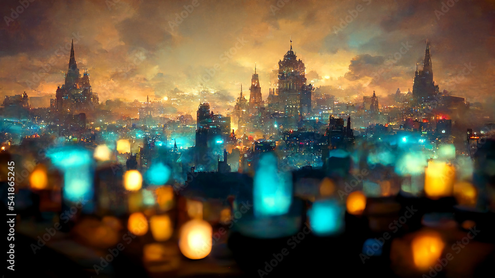 Obraz premium Cityscape, night view, landscape, night sky, digital illustration