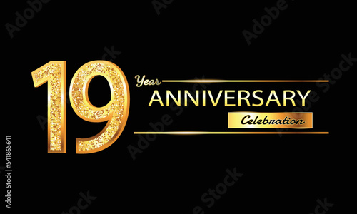 19 Year Anniversary celebration Vector Design. 19th Anniversary celebration. Gold Luxury Banner of 19th Anniversary celebration with glitter 3D. Vector anniversary