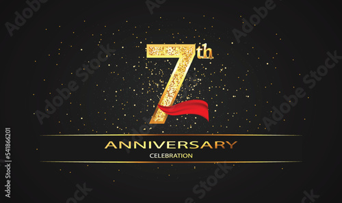 7 Year Anniversary celebration Vector Design with red ribbon and glitter. 7th Anniversary celebration. Gold Luxury Banner of 7th Anniversary. celebration card