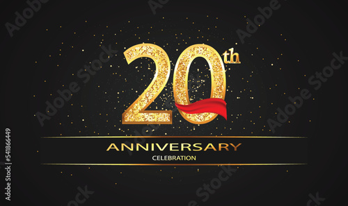 20 Year Anniversary celebration Vector Design with red ribbon and glitter. 20th Anniversary celebration. Gold Luxury Banner of 20th Anniversary. celebration card