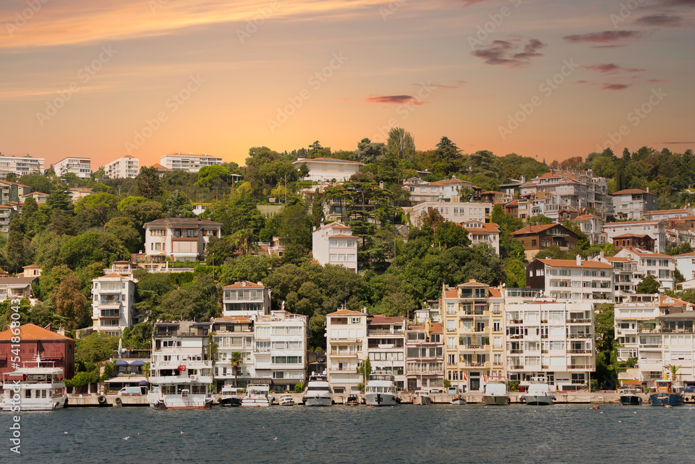 View from the sea of the green mountains of the Europian side of Bosphorus strait, with docked boats, traditional houses and dense trees in a summer day before sunset 