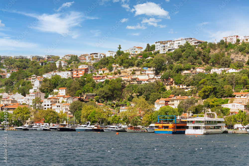 View from the sea of the green mountains of the Europian side of Bosphorus strait, with docked boats, traditional houses and dense trees in a summer day