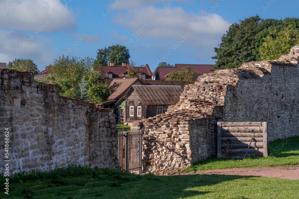 View of the wall and gate of the Izborsk fortress against the background of a village on a sunny summer day, Izborsk, Pechersk district, Pskov region, Russia