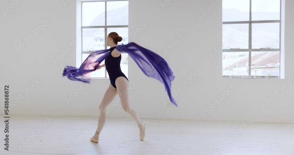 Ballet, woman ballerina and dance in studio while training for performance, dancing school or academy. Dancing, art and dancer, fitness and creative activity with silk scarf, practice and grace. Ballet, woman ballerina and dance in studio while training for performance, dancing school or academy. Dancing, art and dancer, fitness and creative activity with silk scarf, practice and grace.