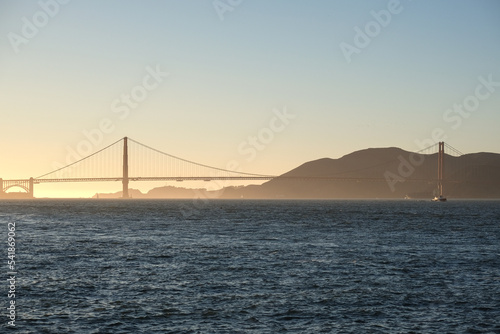 Panoramic scenic aerial view over San Francisco Bay Area with Golden Gate Bridge, downtown skyline cityscape and Alcatraz island sailing boats yachts harbor landmark sights Tower scenery