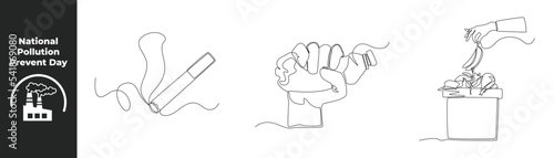 Continuous one line drawing national pollution prevent day concept set. Cigarette with smoke, Hand squeezing plastic bottle and Hands throw banana peel trash in the trash. Vector illustration.