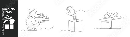 Single one line boxing day concept set. Hand open boxing, Boxing glove coming out of gift box and present box with ribbon. Continuous line draw design graphic vector illustration.