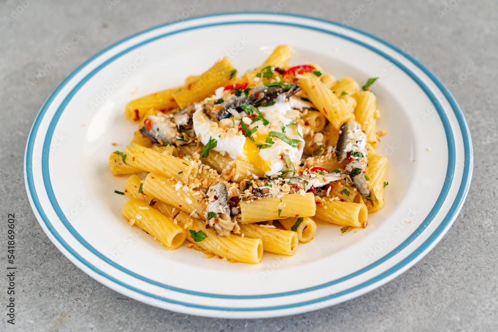 pasta with egg and anchovy Stock Photo Adobe Stock