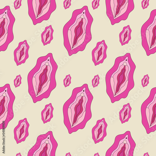 Seamless pattern with different type of female labia. Illustrator a vagina. Vector