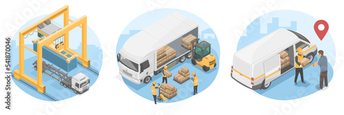 logistic process management diagram concept with shipping warehouse and delivery isometric vector symbols