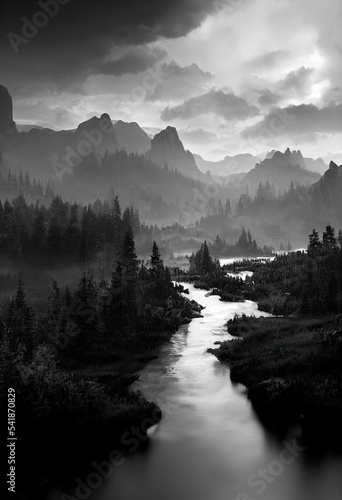 Vertical background  of the dramatic landscape with a river passing through rocky mountains and forest on a cloudy day   Generative AI 