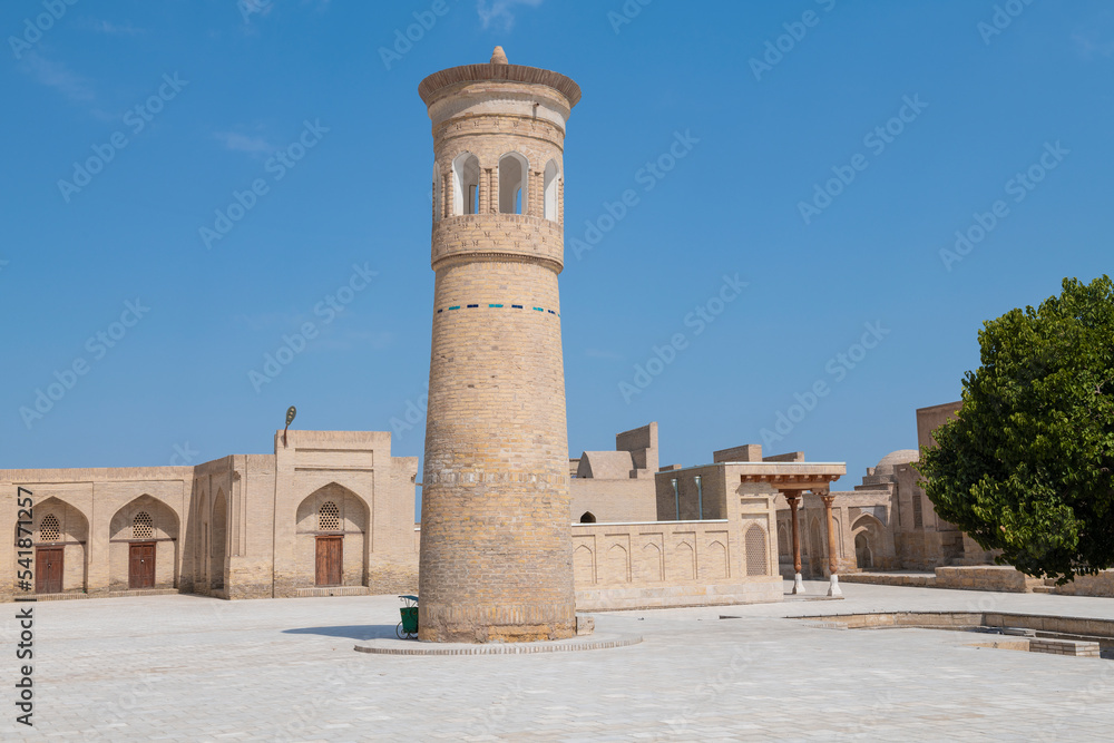 Small minaret on the central square of the city of the dead Chor Bakr. Sumitan, Uzbekistan