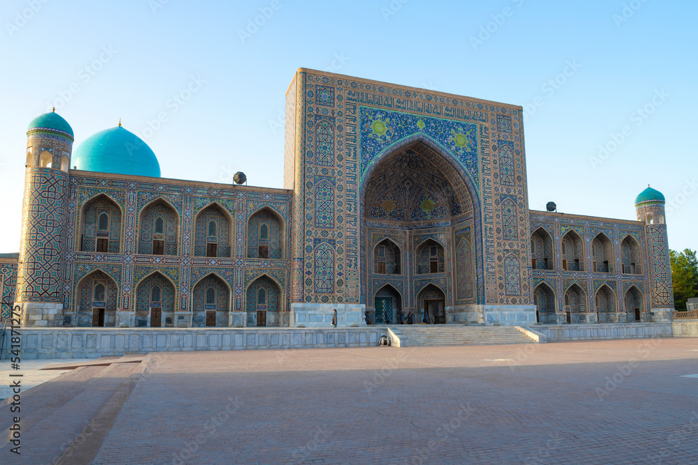 View of the ancient Tilla-Kari madrasah on a sunny morning. Registan Square, Samarkand