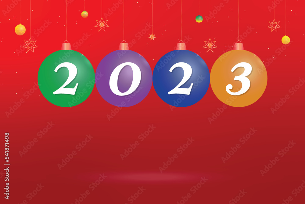 2023 new year with christmas ball handing with red background 2023 new year with christmas ball handing with red background