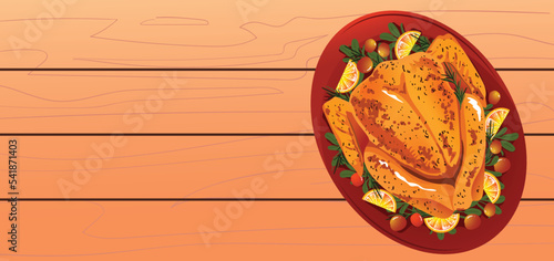 Turkey thanksgiving meal celebration, wooden table, plate