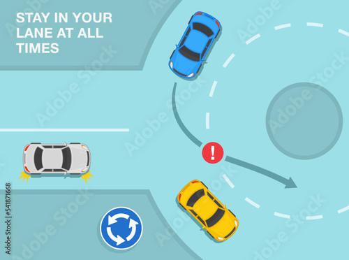 Safe driving tips and traffic regulation rules. Priority inside the roundabout. Stay in your lane at all times. Don't change lanes while in a multi-lane roundabout. Top view. Flat vector illustration.
