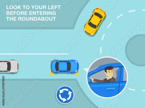 Safe driving tips and traffic regulation rules. Priority inside the roundabout. Look to your left before entering the roundabout. Top view. Flat vector illustration template.