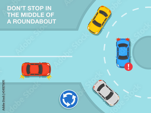 Safe driving tips and traffic regulation rules. Priority inside the roundabout. Do not stop in the middle of a roundabout. Top view. Flat vector illustration template.