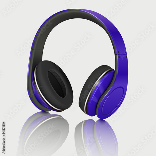 Realistic blue headphones. Vector illustration of realistic headphones on a mirror surface with reflection. Sketch for creativity.