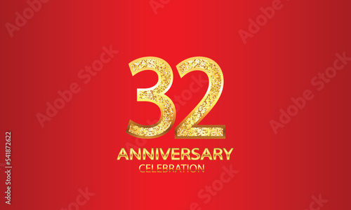 32 Year Anniversary celebration Vector Design with red background and glitter. 32nd Anniversary celebration. Gold Luxury Banner of 32nd Anniversary. vector illustration
