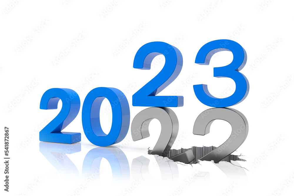 3d render of the numbers 2022 and 23 in blue over white reflecting background. 3d render of the numbers 2022 and 23 in blue over white reflecting background.