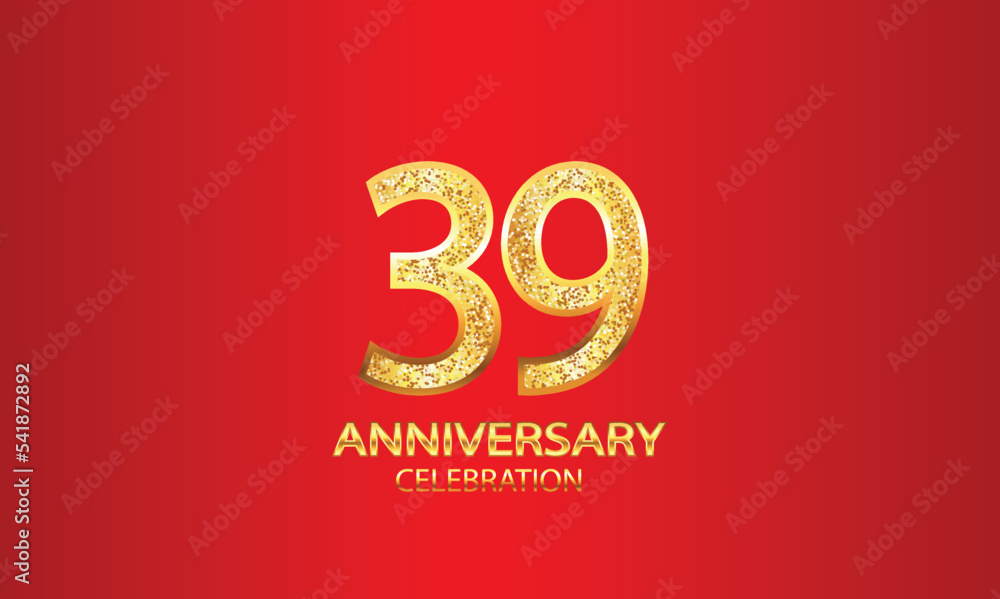 39 Year Anniversary celebration Vector Design with red background and glitter. 39th Anniversary celebration. Gold Luxury Banner of 39th Anniversary. vector illustration