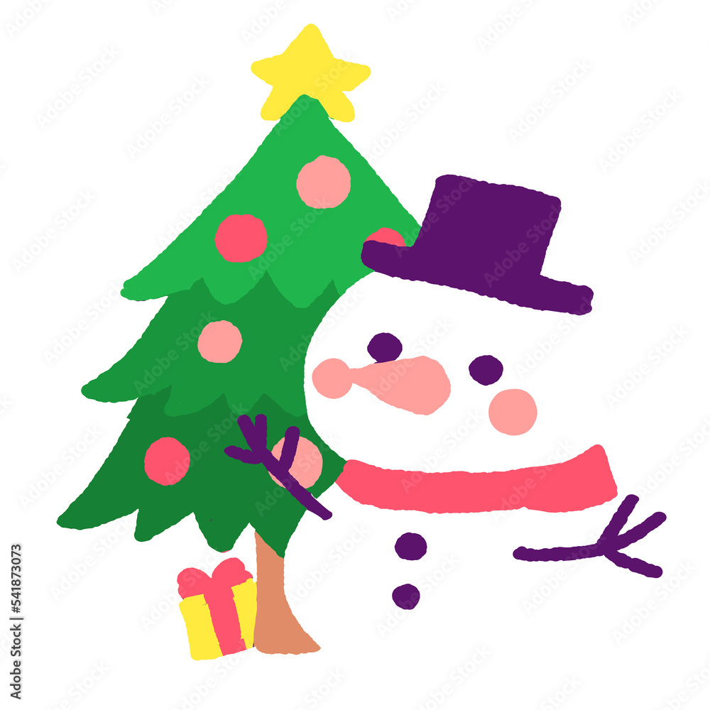 christmas tree and cute snowman illustration