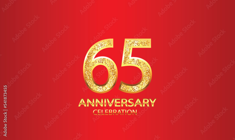 65 Year Anniversary celebration Vector Design with red background and glitter. 65th Anniversary celebration. Gold Luxury Banner of 65th Anniversary. vector illustration 65 Year Anniversary celebration Vector Design with red background and glitter. 65th Anniversary celebration. Gold Luxury Banner of 65th Anniversary. vector illustration