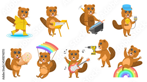 Big Set Abstract Collection Flat Cartoon Different Animal Beavers Vector Design Style Elements Fauna Wildlife