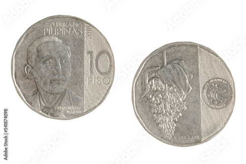 Close up of the new 10 piso Philippines coin isolated