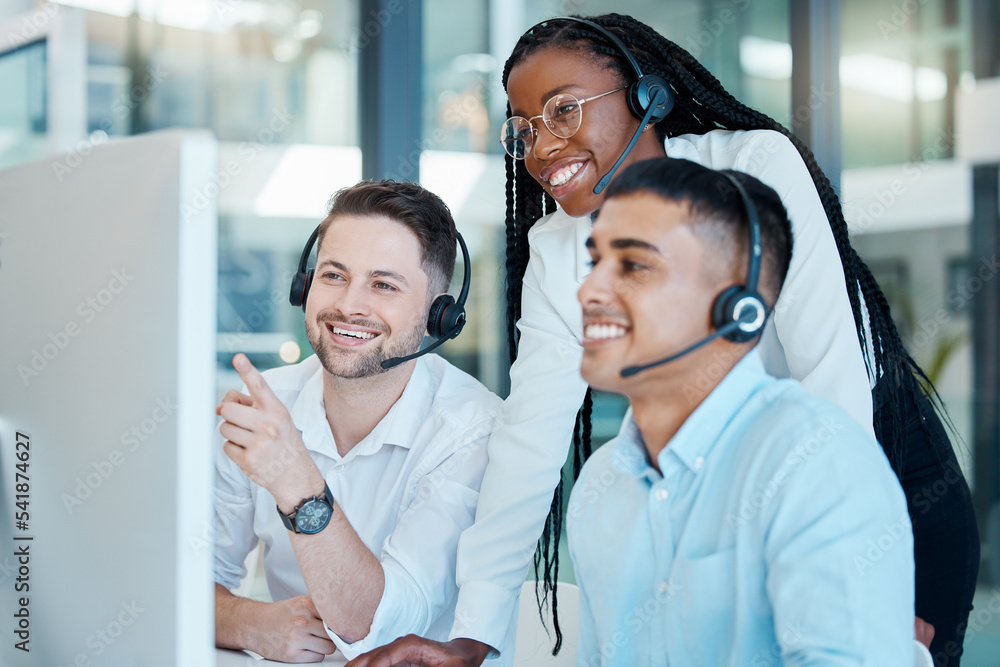 © Wesley J/peopleimages.com - Customer service, call center or telemarketing team and manager or mentor looking happy reading online feedback or sale on website. Diversity in CRM, support and sales consultant training office