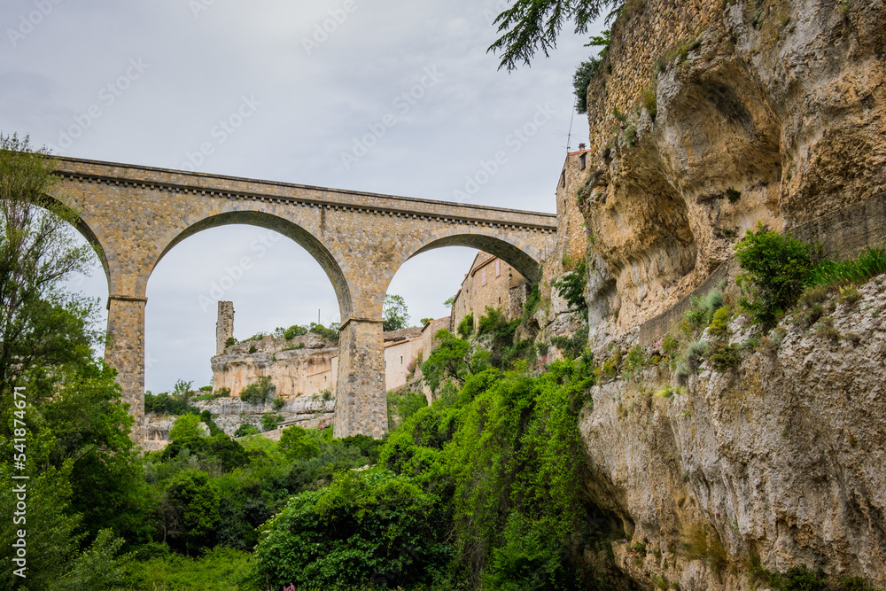 Bridge and ruins of the medieval village of Minerve in the South of France (Herault)