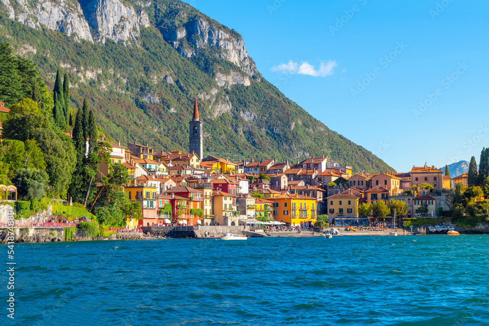 The picturesque and colorful lakefront town of Varenna, Italy, on the shores of Lake Como in the Lombardy region of Northern Italy.