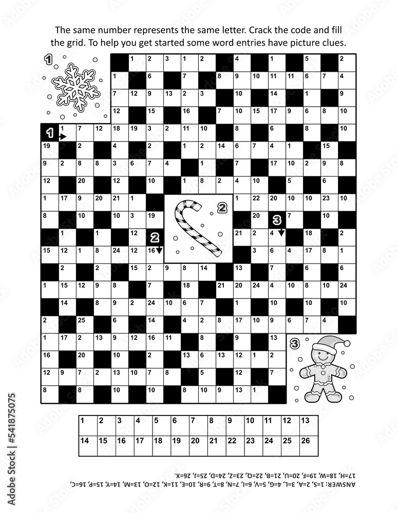 Puzzle page with winter holiday themed codebreaker (or codeword, or