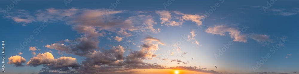 Dark blue sunset sky panorama with pink Cumulus clouds. Seamless hdr 360 panorama in spherical equirectangular format. Full zenith for 3D visualization, sky replacement for aerial drone panoramas. Dark blue sunset sky panorama with pink Cumulus clouds. Seamless hdr 360 panorama in spherical equirectangular format. Full zenith for 3D visualization, sky replacement for aerial drone panoramas.